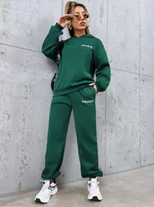 SHEIN Unity con estampado de letra de hombros caídos Capucha & Pantalones deportivos - Verde Oscuro - Ver 6