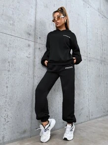 SHEIN Unity Letter Graphic Drop Shoulder Hoodie & Joggers - Black - View 6