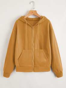 SHEIN Unity Zip Up Drop Shoulder Drawstring Hoodie - Mustard Yellow - View 1