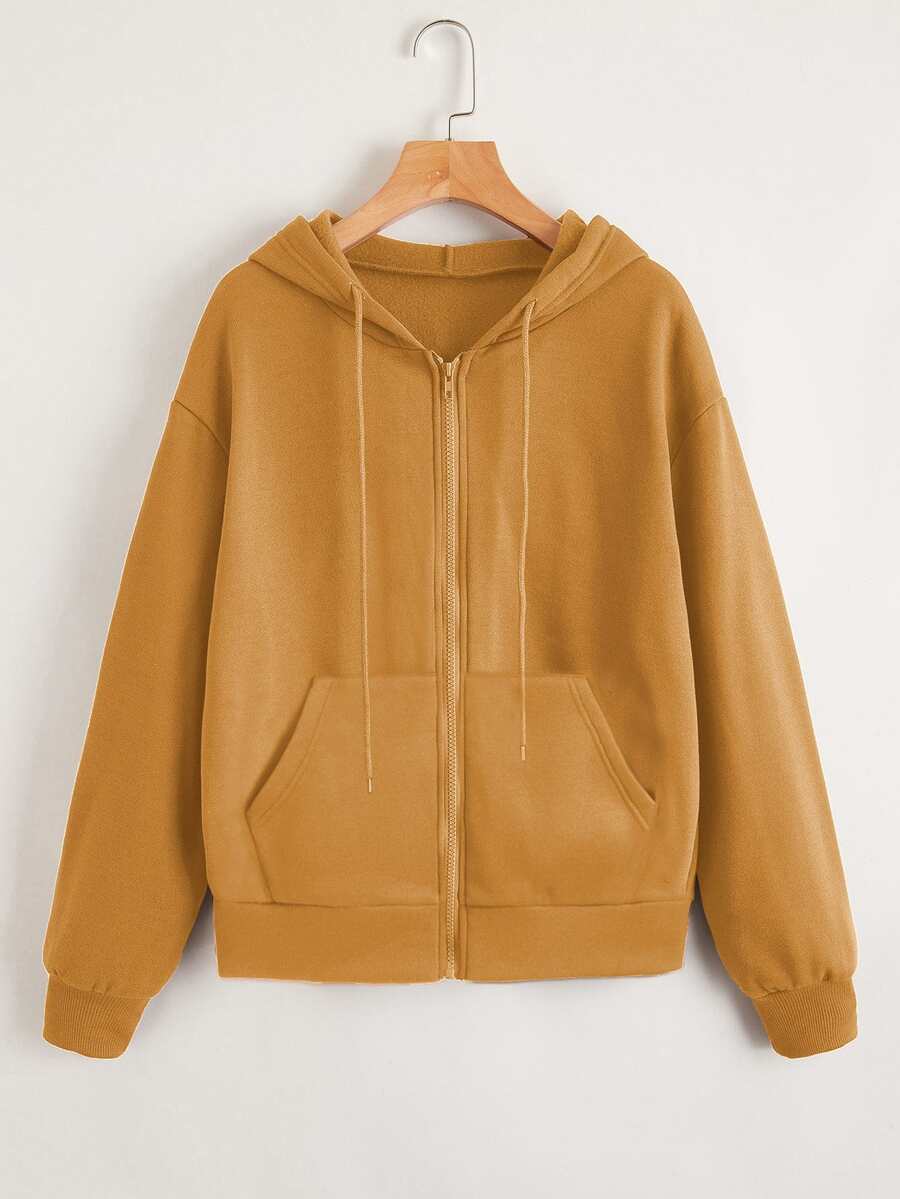 SHEIN Unity Zip Up Drop Shoulder Drawstring Hoodie - Mustard Yellow - View 1