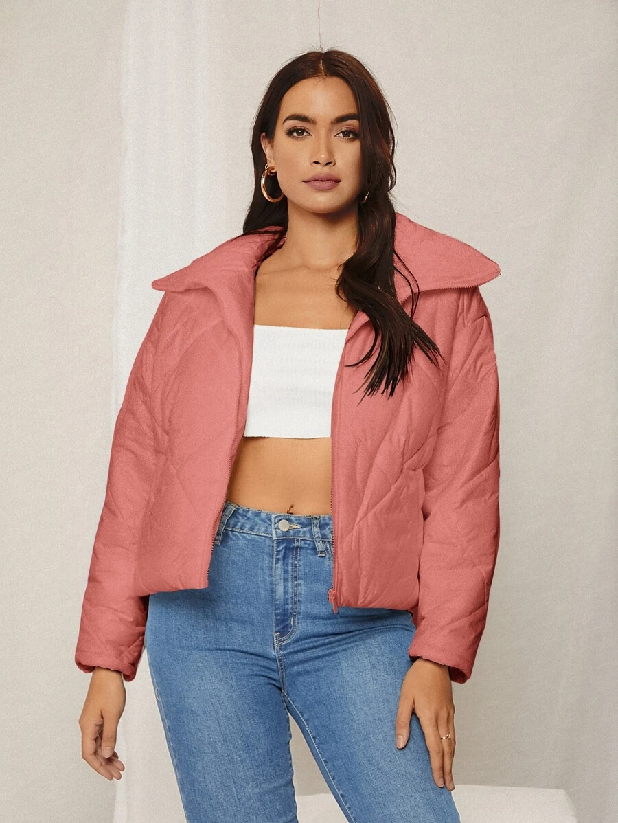 纯色拉链短款绗缝加厚外套冬季服装 - 藕粉色 - 查看 1