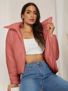 纯色拉链短款绗缝加厚外套冬季服装 - 藕粉色 - 查看 3