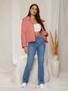 纯色拉链短款绗缝加厚外套冬季服装 - 藕粉色 - 查看 4