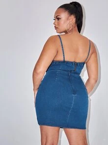 SHEIN SXY 大碼拉鍊開襟後吊帶牛仔上衣和開衩側半身裙 - 中等水洗藍 - 查看 2