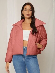 纯色拉链短款绗缝加厚外套冬季服装 - 藕粉色 - 查看 5