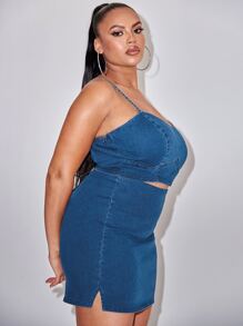 SHEIN SXY 大碼拉鍊開襟後吊帶牛仔上衣和開衩側半身裙 - 中等水洗藍 - 查看 3