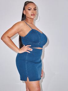 SHEIN SXY 大碼拉鍊開襟後吊帶牛仔上衣和開衩側半身裙 - 中等水洗藍 - 查看 4