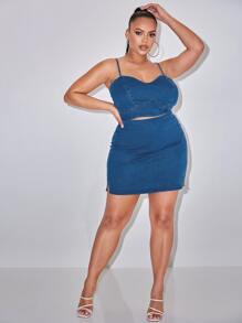 SHEIN SXY 大碼拉鍊開襟後吊帶牛仔上衣和開衩側半身裙 - 中等水洗藍 - 查看 5