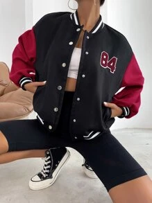 SHEIN Unity Letter Patched Striped Trim Drop Shoulder Varsity Jacket - Multicolor - View 6