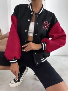 SHEIN Unity Letter Patched Striped Trim Drop Shoulder Varsity Jacket - Multicolor - View 7