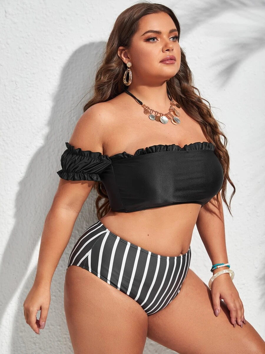 Plus Size Striped Frill Trim Bikini Set Summer Beach - Black and White - View 1