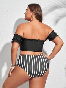 Plus Size Striped Frill Trim Bikini Set Summer Beach - Black and White - View 2