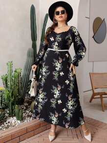 大碼隨機花朵印花褶邊荷葉袖連衣裙不附腰帶 - 彩色 - 查看 1