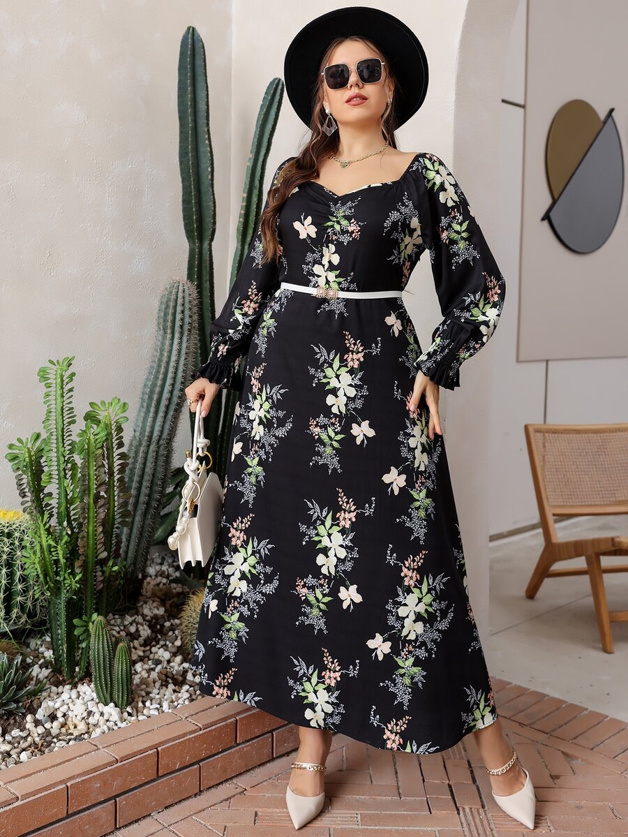 大碼隨機花朵印花褶邊荷葉袖連衣裙不附腰帶 - 彩色 - 查看 1