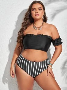 Plus Size Striped Frill Trim Bikini Set Summer Beach - Black and White - View 4