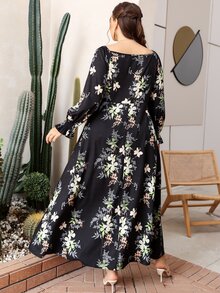 大碼隨機花朵印花褶邊荷葉袖連衣裙不附腰帶 - 彩色 - 查看 2