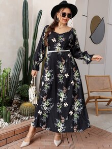 大碼隨機花朵印花褶邊荷葉袖連衣裙不附腰帶 - 彩色 - 查看 4