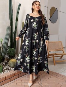 大碼隨機花朵印花褶邊荷葉袖連衣裙不附腰帶 - 彩色 - 查看 5