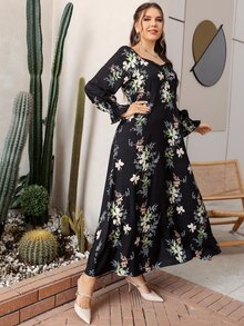 大碼隨機花朵印花褶邊荷葉袖連衣裙不附腰帶 - 彩色 - 查看 6