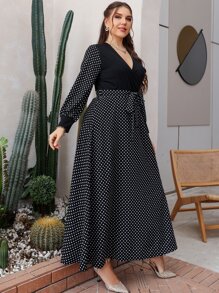 Mulvari 大碼波點圖案交疊領繫腰帶洋裝 - 黑與白 - 查看 5