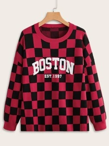 ROMWE Letter Plaid Drop Shoulder Sweater - Multicolor - View 1