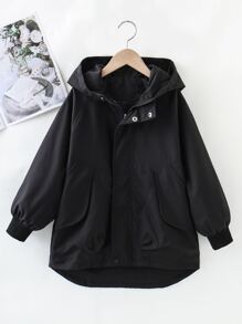 Niños Abrigo con capucha de manga raglán bajo irregular - Negro - Ver 1