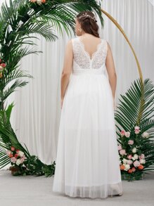 SHEIN Belle Plus Eyelash Lace Panel Mesh Wedding Dress - White - View 2