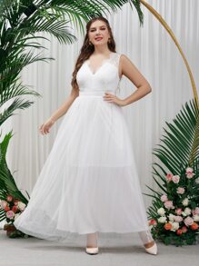 SHEIN Belle Plus Eyelash Lace Panel Mesh Wedding Dress - White - View 4