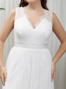 SHEIN Belle Plus Eyelash Lace Panel Mesh Wedding Dress - White - View 5