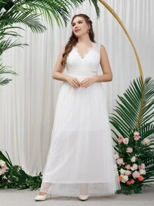 SHEIN Belle Plus Eyelash Lace Panel Mesh Wedding Dress - White - View 6