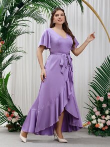 SHEIN Belle Plus Flutter Sleeve Ruffle Hem Belted Satin Bridesmaid Dress - Lilac Purple - View 1