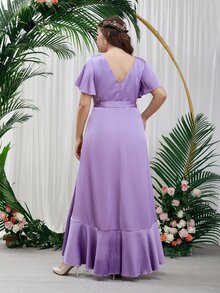 SHEIN Belle Plus Flutter Sleeve Ruffle Hem Belted Satin Bridesmaid Dress - Lilac Purple - View 2