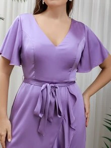 SHEIN Belle Plus Flutter Sleeve Ruffle Hem Belted Satin Bridesmaid Dress - Lilac Purple - View 3