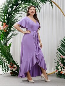 SHEIN Belle Plus Flutter Sleeve Ruffle Hem Belted Satin Bridesmaid Dress - Lilac Purple - View 4