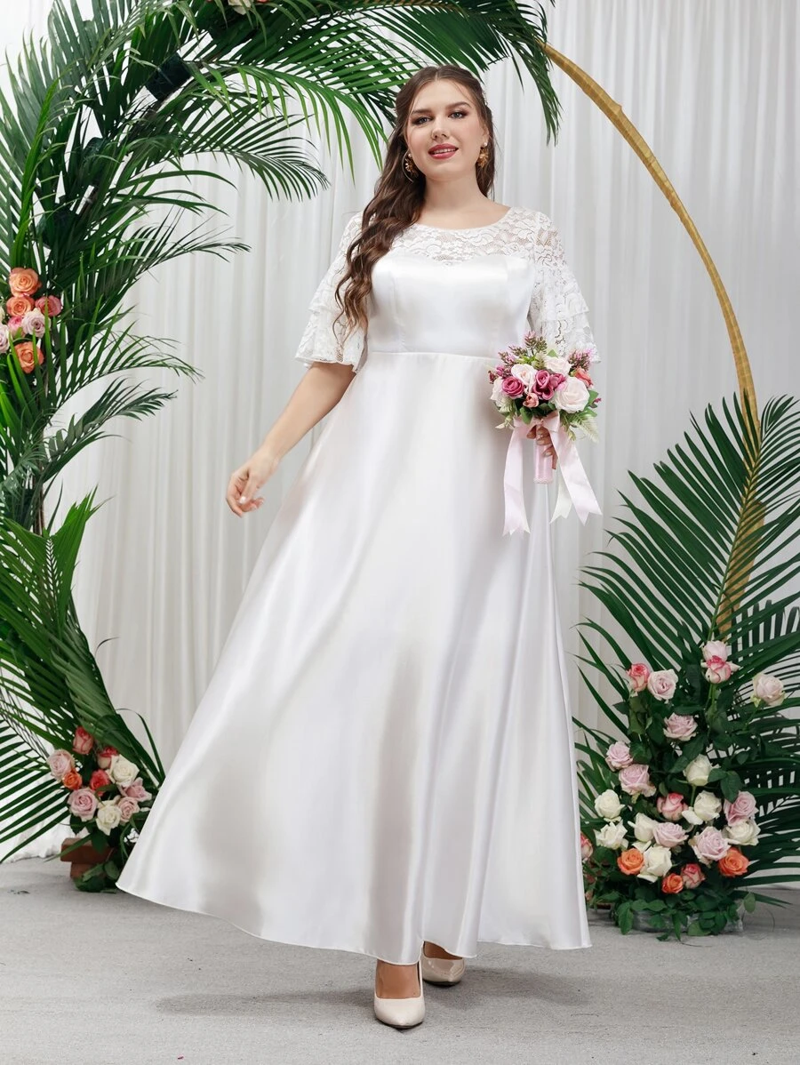SHEIN Belle Plus Contrast Lace Layered Sleeve Satin Wedding Dress - White - View 1