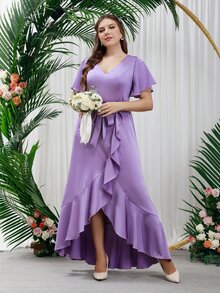 SHEIN Belle Plus Flutter Sleeve Ruffle Hem Belted Satin Bridesmaid Dress - Lilac Purple - View 5