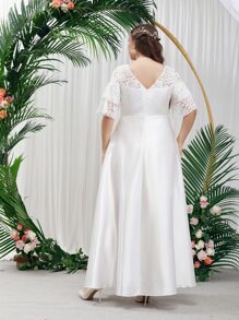 SHEIN Belle Plus Contrast Lace Layered Sleeve Satin Wedding Dress - White - View 2