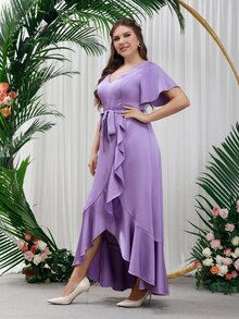 SHEIN Belle Plus Flutter Sleeve Ruffle Hem Belted Satin Bridesmaid Dress - Lilac Purple - View 6