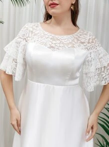 SHEIN Belle Plus Contrast Lace Layered Sleeve Satin Wedding Dress - White - View 3