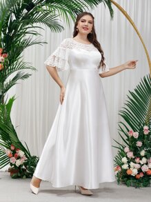 SHEIN Belle Plus Contrast Lace Layered Sleeve Satin Wedding Dress - White - View 5