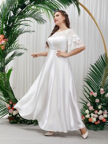 SHEIN Belle Plus Contrast Lace Layered Sleeve Satin Wedding Dress - White - View 6