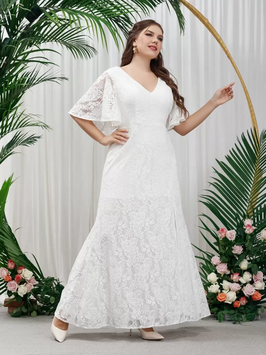 SHEIN Belle 大碼蝴蝶袖蕾絲婚紗洋裝