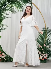 SHEIN Belle 大碼蝴蝶袖蕾絲婚紗洋裝