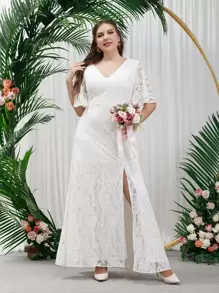 SHEIN Belle 大碼蝴蝶袖蕾絲婚紗洋裝
