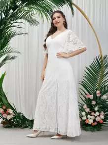 SHEIN Belle 大碼蝴蝶袖蕾絲婚紗洋裝