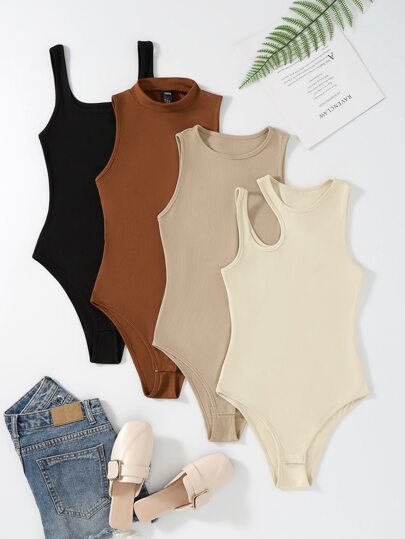 Flirla Plus 4pcs Solid Ribbed Knit Cut Out Bodysuit