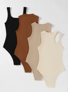 Flirla 大碼4入組素色條紋針織鏤空連身背心