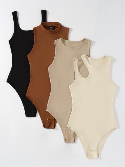 Flirla Plus 4pcs Solid Ribbed Knit Cut Out Bodysuit