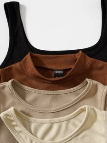 Flirla 大碼4入組素色條紋針織鏤空連身背心