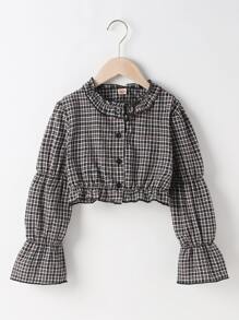 Áo cánh Gái viền lá sen Xù Nút phía trước Sọc ca rô Dễ thương - Nhiều màu - Xem 1